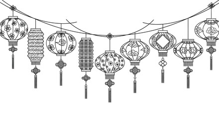 A string of decorative Asian lanterns with intricate patterns hangs against a white background.