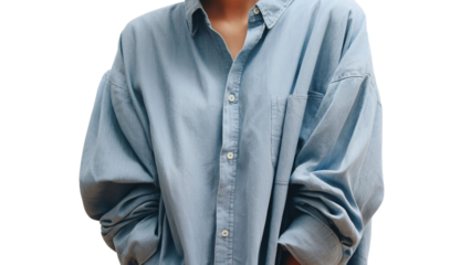 PNG of A stylish young woman of mixed ethnicity wearing a loose, light blue shirt, exuding a relaxed and approachable vibe.