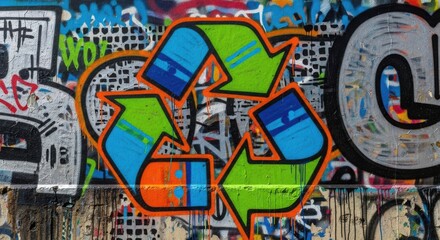 Obraz premium Recycling Graffiti on Concrete Wall for Environmental Awareness Campaigns, Urban Art Blogs, Eco-Education Materials, Recycling Program Websites, and Sustainable Living Articles