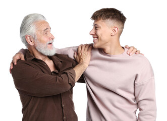 Father and son hugging on white background