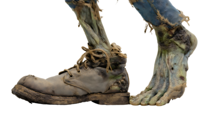 The severed and rotting legs of a walking zombie, a gruesome horror concept with a boot and one bare foot, a scary prop for a Halloween party or haunted house, isolated on a white background.