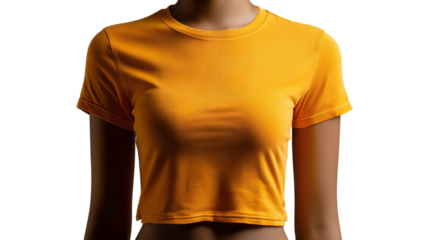 PNG of A female wearing a vibrant orange crop top, exuding a fresh and trendy vibe against a dark background.