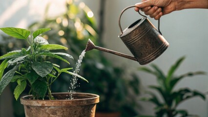 Watering a plant with metal watering can indoor garden action shot lush green environment close-up perspective