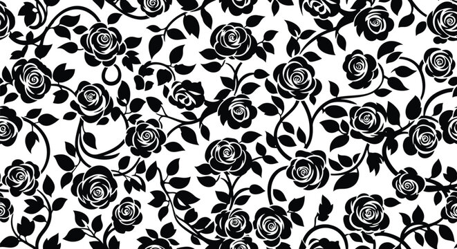 A seamless pattern of black roses and leaves on a white background, creating a decorative floral design.
