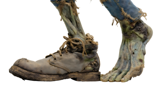 The severed and rotting legs of a walking zombie, a gruesome horror concept with a boot and one bare foot, a scary prop for a Halloween party or haunted house, isolated on a white background.