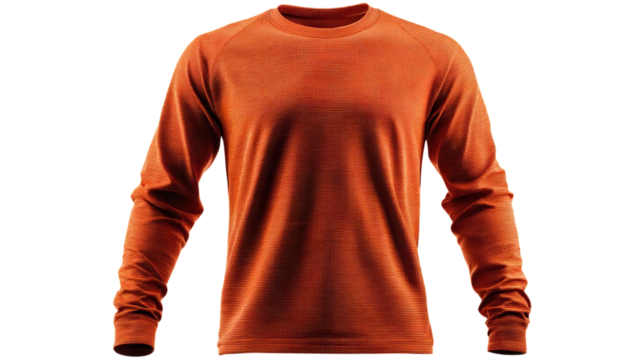 PNG of Men's long-sleeve sports top in bright orange, featuring a textured fabric for athletic performance.
