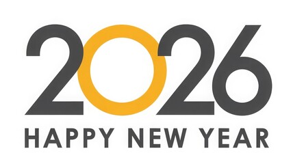 A modern graphic design wishing Happy New Year 2026 with a yellow zero and grey numbers.