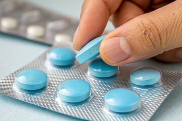 Hand pushing blue pill from blister pack close-up medical style healthcare environment focused viewpoint