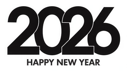 A black and white graphic displaying the year 2026 with 'HAPPY NEW YEAR' text below, symbolizing a future celebration.
