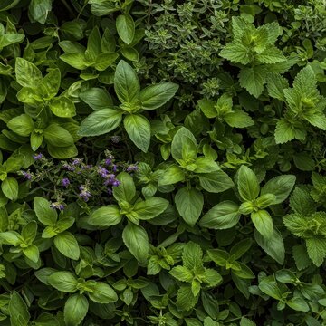 A lush, healthy herbera filled with a diverse collection of fragrant, freshly grown culinary and medicinal herbs under natural light ,herbs ,aroma ,cooking