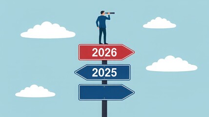 A person stands on a "2026" sign, looking through a telescope towards the future, with "2025" below.