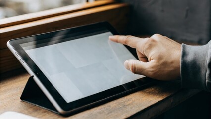 User interface interaction hand swiping left on tablet screen indoor setting ux demonstration close-up view