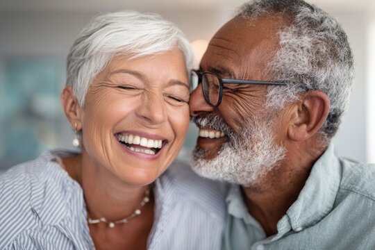 Two older adults share a heartfelt laugh in a bright living room filled with warmth. Their genuine smiles highlight a strong bond and happiness together