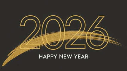 A stylish black and gold design wishing "Happy New Year 2026" with a brush stroke effect, perfect for celebrations.