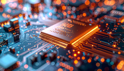 Digital Brain: Close-up of a central processing unit (CPU) chip, the brain of a computer, showcasing intricate circuits and glowing components.
