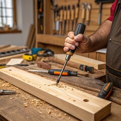 Crafting precision a hand turning a flathead screwdriver into a wooden plank workshop scene diy environment