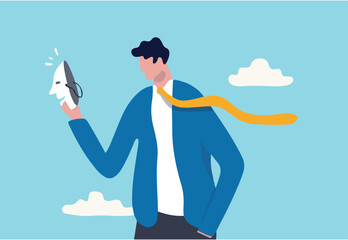 Imposter syndrome, hypocrisy, business dishonest or liar, fake, crime or fraudulent concept, depressed anonymous businessman holding smiling mask thinking about being or acting like another person.