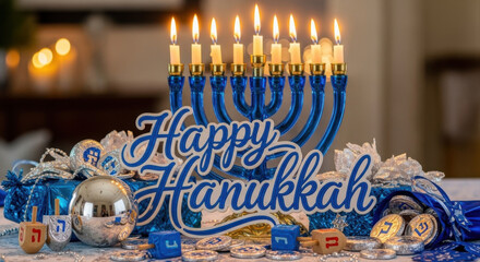 'Happy Hanukkah' greeting in a festive style, blue and silver, representing a holiday celebration card