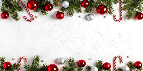 Festive Holiday Background with Ornaments Candy Canes and Fir Twigs White Backdrop Ideal for Greeting Cards or Banners Season's Greetings