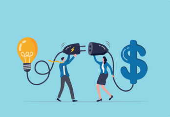 Venture capital or financial support for startup and entrepreneur company, make money idea or idea pitching for fund raising concept, businessman and woman connect lightbulb with money dollar sign.
