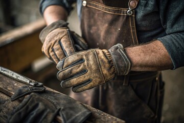 Manual labor action hands donning leather gloves in workshop environment for craftsmanship skills