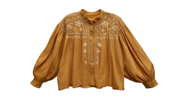 PNG of Stylish women's mustard blouse with intricate floral embroidery, featuring puffy sleeves for a trendy look.