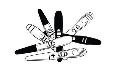 A collection of pregnancy tests, some showing positive results, are scattered in a pile.