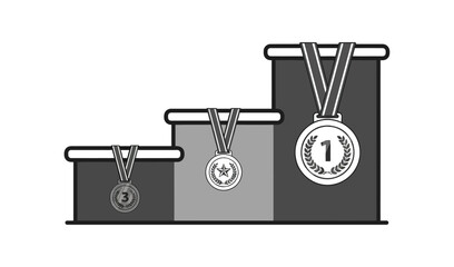 A three-tiered podium displays medals for first, second, and third place winners in a competition.