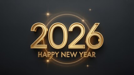  Premium 2026 New Year design with metallic gold 3D text, spotlight glow, and subtle sparkles on dark gray background