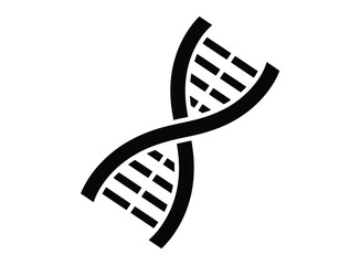 A stylized black and white illustration of a DNA double helix structure against a plain background.