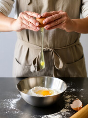 Person cracking an egg into a bowl of flour while baking in a cozy kitchen setting