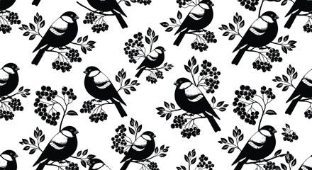 A repeating pattern of black and white bullfinches perched on branches with berries.
