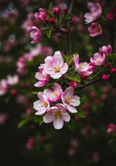 Fototapeta premium Vibrant pink and white blossoms burst forth from lush green branches, signaling the arrival of spring and new life in the tranquil garden environment ,vitality ,new ,botanical