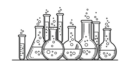 Various glass laboratory flasks and test tubes bubbling with liquid in a scientific illustration.