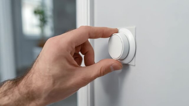 A person&rsquo;s hand is turning a round dimmer switch, emphasizing energy saving and home automation concepts. The minimalist setting reflects modern lifestyle and sustainable living choices