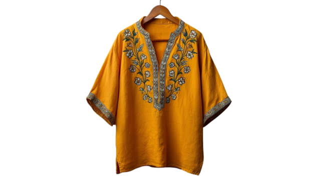 PNG of Vibrant yellow embroidered top with intricate floral designs, perfect for a bohemian-inspired wardrobe.