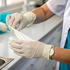 Medical action hands pulling disposable latex gloves in clinical setting close-up view healthcare concept