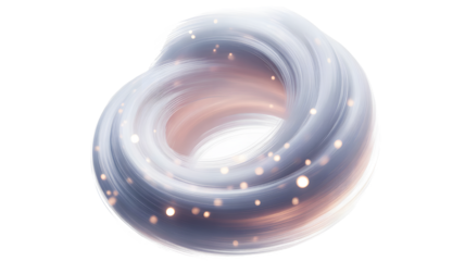 Abstract iridescent swirling translucent organic form with subtle light reflections and small particles isolated on transparent background