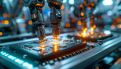 Robotic Precision: Automated robotic arms meticulously assemble electronic circuit boards with incredible accuracy in a futuristic, technology-driven industrial environment.