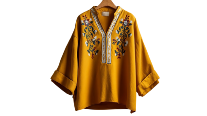 PNG of Vibrant yellow embroidered blouse with intricate floral designs, perfect for a casual and stylish summer look.