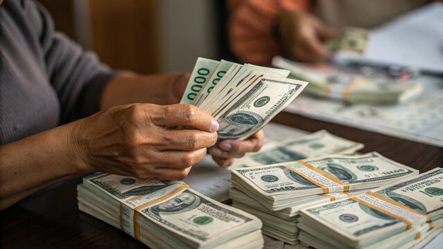 Counting cash bills indoor setting close-up photography soft lighting financial management concept