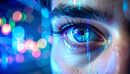 Eye of the Future: An introspective gaze from a close-up portrait of an eye, merged with digital data streams and bokeh effects, suggesting visionary insight and technological depth.