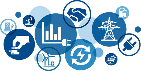 Energy cost crisis illustration. Concept with connected icons related to power supply issues - gas, electricity & heating - importing fuel as power sources - utility prices, usage & infrastructure.