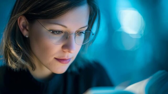 A thoughtful young woman wearing glasses is deeply engaged in reading a book, surrounded by a tranquil blue ambiance. The scene captures a serene moment of concentration and self education