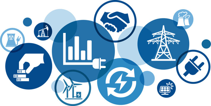 Energy cost crisis illustration. Concept with connected icons related to power supply issues - gas, electricity & heating - importing fuel as power sources - utility prices, usage & infrastructure.