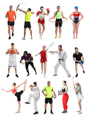 Sport activities. Different people in sportswear on white background, collage