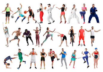 Sport activities. Different people in sportswear on white background, collage