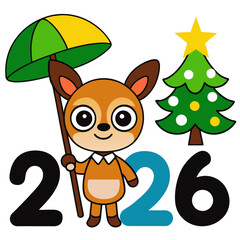 Fototapeta premium A deer holding an umbrella small tree and two stars beside 2026 text modern flat vector on white background