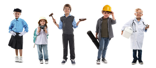 Obraz premium Cute children pretending themselves as workers of different occupations, collage on white background. Choice of profession