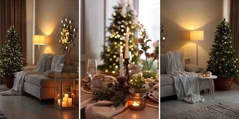 Christmas atmosphere. Festively decorated table and rooms, collage. Banner design